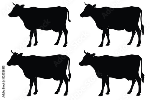 Silhouette of Cattle Breed, Farm Animals, Black and White, Standing on White