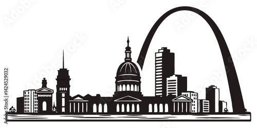 St. Louis vector silhouette skyline featuring the Gateway Arch, historic buildings, and urban skyline.