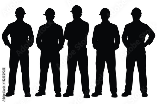 Silhouette of Five Men wearing Hard Hats Standing with Crossed Arms