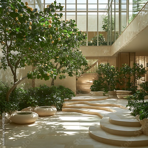 Elegant indoor patio showcasing flowering plants and tree centerpiece high resolution image