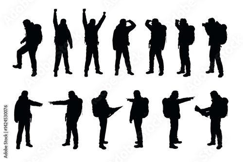 Vector set of trekking men with a backpacks in various positions - climbing, holding map, holding camera, pointing finger, victory pose at the mountain top..