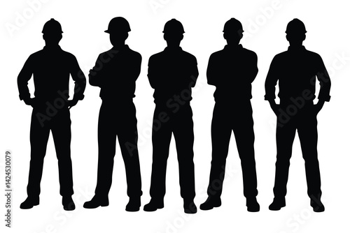 Silhouetted Construction Workers Wearing Hard Hats, Arms Crossed and Hands on Hips