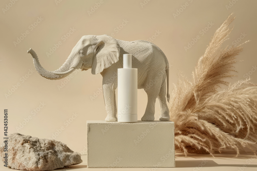 A mockup of a bottle of shampoo, lotion or other cosmetic product on a beige background. An elephant statuette on the background of a cosmetic product. .The concept of skin care and beauty
