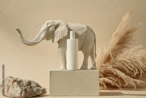 Obraz na płótnie A mockup of a bottle of shampoo, lotion or other cosmetic product on a beige background. An elephant statuette on the background of a cosmetic product. .The concept of skin care and beauty w salonie