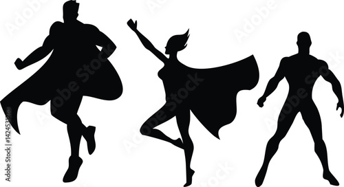 Superheroes Silhouettes Set with Cape flying and Standing on White Background