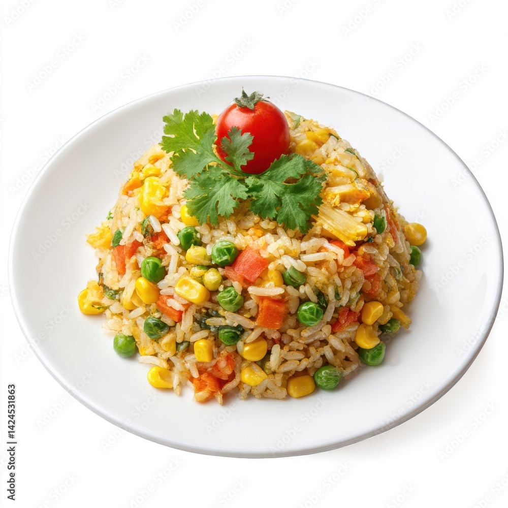 Vegetable fried rice served on plate on white background Vegetable fried rice served on plate on white background