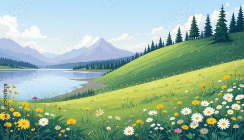 A serene animated scene with a grassy hill covered in daisies, a calm lake, pine trees, and snow-capped mountains under a clear blue sky with fluffy clouds.
