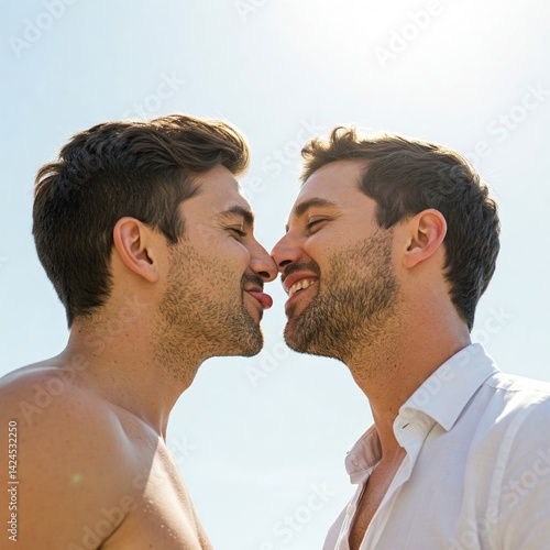 cheerful gay couple kissing each other with revealed tongue