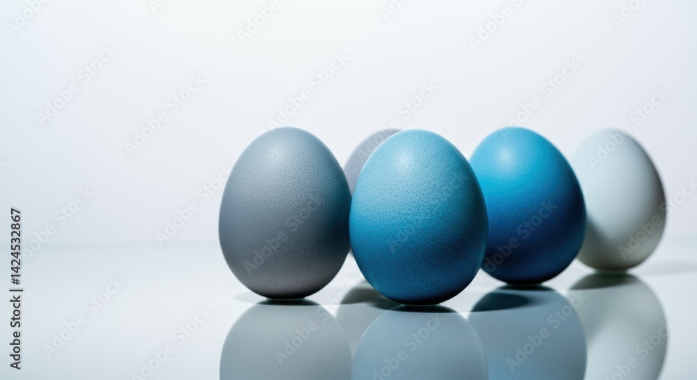 Colorful blue and gray easter eggs on reflective surface Colorful blue and gray easter eggs on reflective surface