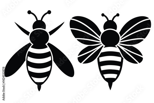 Two stylized honeybees with stripes and detailed wings on transparent backdrop