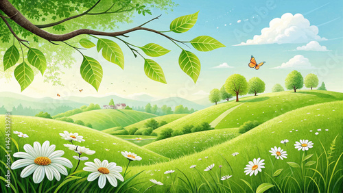 A vibrant cartoon landscape depicts rolling green hills dotted with white daisies under a bright blue sky with scattered white clouds. A large tree branch with lush green leaves extends from the upper