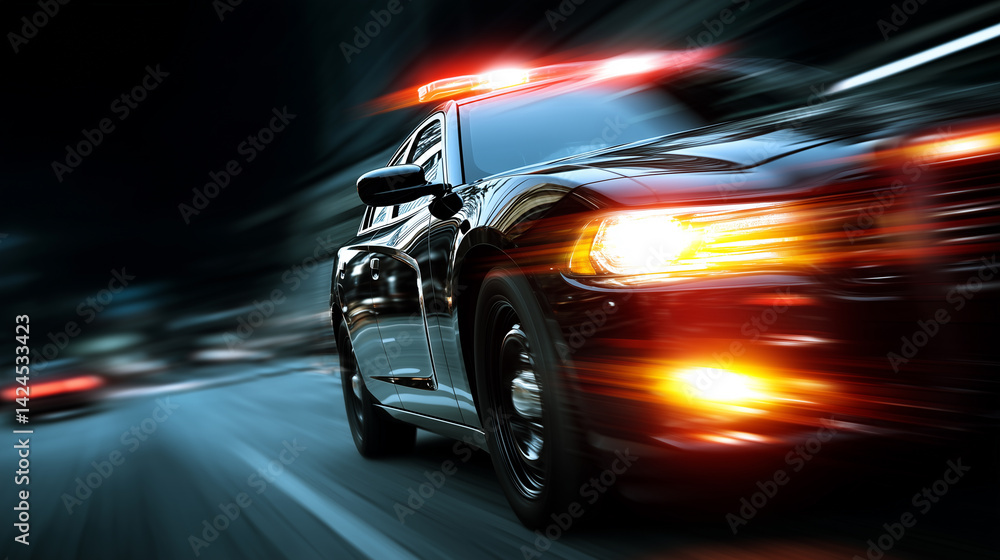 Speeding police car at night with flashing red and blue lights, blurred motion for dramatic effect. Speeding police car at night with flashing red and blue lights, blurred motion for dramatic effect.