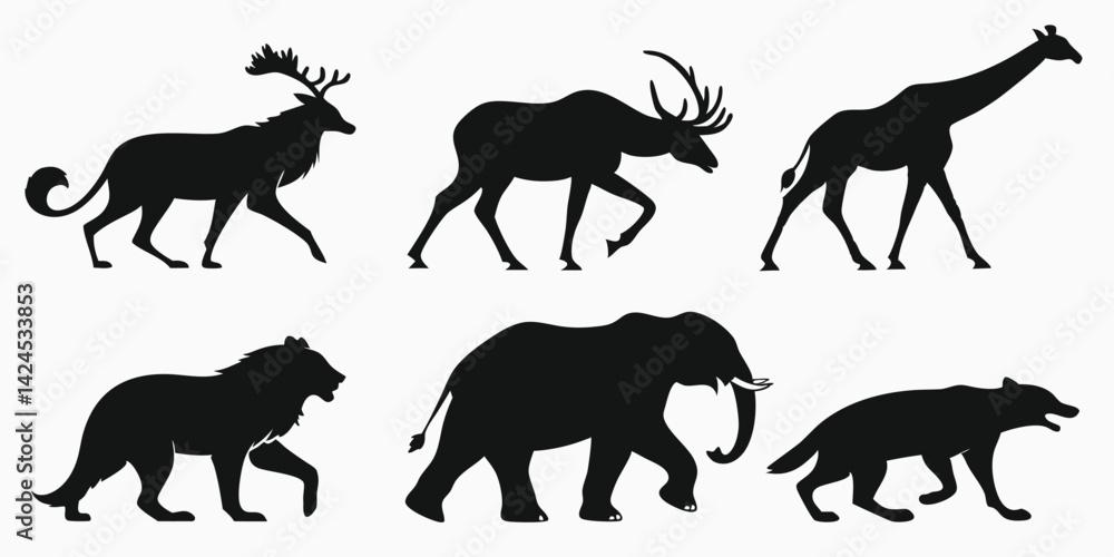Obraz premium Silhouette Animal Vector Set of Moose Deer Giraffe Bear Elephant and Hippopotamus