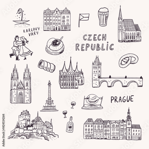 Prague Czech Republic vector line illustrations set.