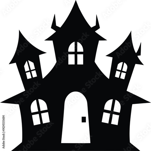 Haunted house vector illustration with crooked windows and spooky details, isolated on white background, perfect for Halloween designs, eerie themes, and haunted visuals