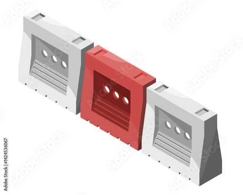 Isometric illustration of three plastic road barriers in red and gray colors with ventilation holes and textured surface isolated on white background