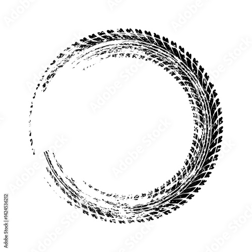 Grunge circle tire track, wheel braking mark. Truck, car or motorcycle tread pattern silhouettes. Auto race, motorsport, speed racing design element. Vector illustration