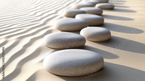 Serene Zen Garden Pathway with Smooth Stones on Soft Sand Surface