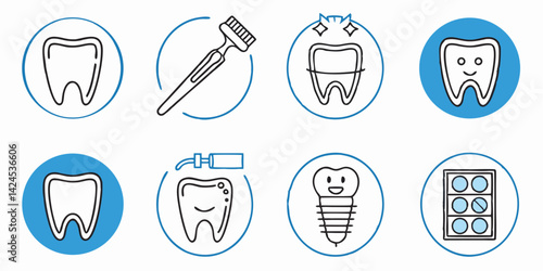 Dental Care Icons Vector | Tooth, Toothbrush, Dental Implant, Pills, Oral Hygiene Symbols