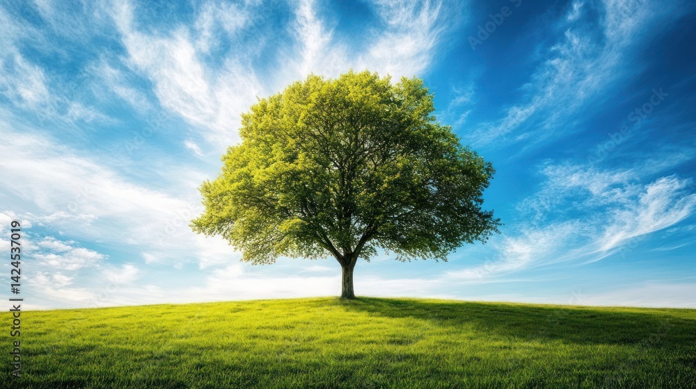 Obraz premium Solitary tree on grassy hill under a vibrant sky. Ideal for nature or environmental themes