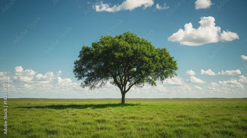 Obraz premium Lone tree in vast grassland under blue sky