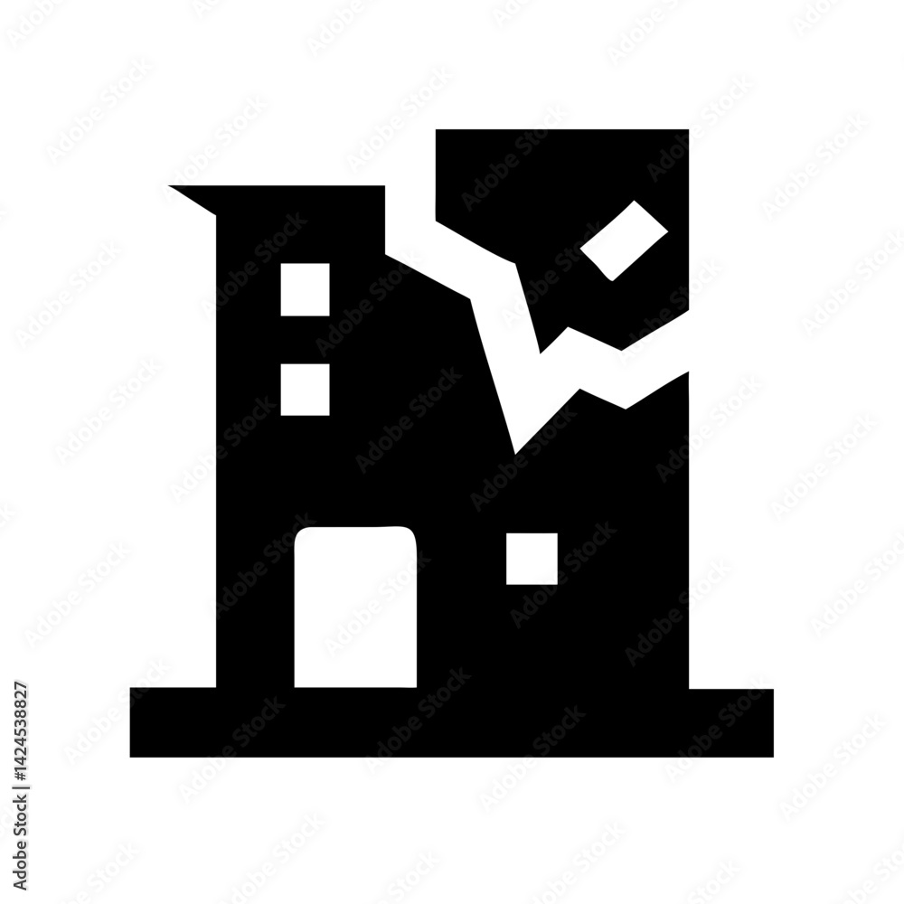 Icon of a damaged building to signify destruction or disrepair Icon of a damaged building to signify destruction or disrepair