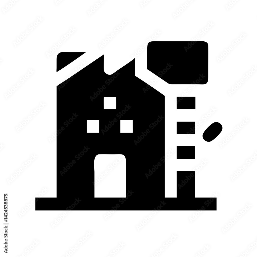 Icon of a damaged building to signify destruction or disrepair Icon of a damaged building to signify destruction or disrepair
