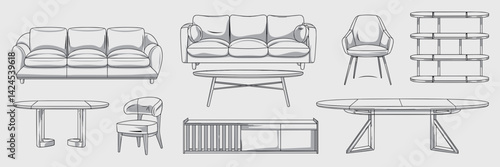 Vector sheet of various furniture pieces – Perfect for interior design professionals, furniture catalogs, or home furnishing brochures.