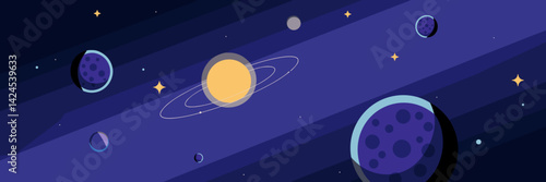Vector illustration of universe with multiple planets orbiting a yellow star