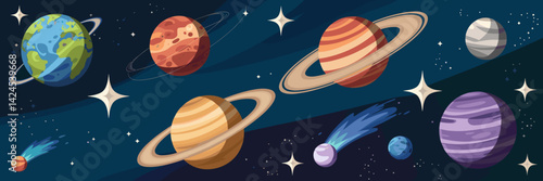 Vector sheet of eight planets with stars and comets in cosmic setting