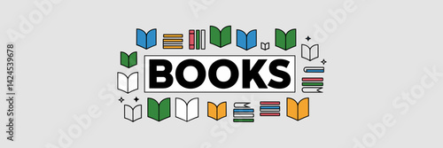 Vector sheet featuring the text “books” with various book icons surrounding it – Suitable for education materials, book club promotions, or literary content.