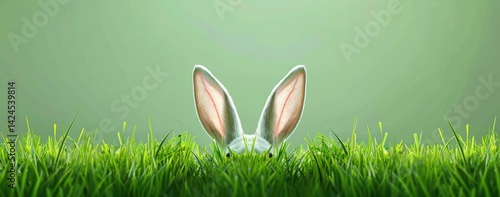 A funny Easter bunny with long ears sitting in the grass
