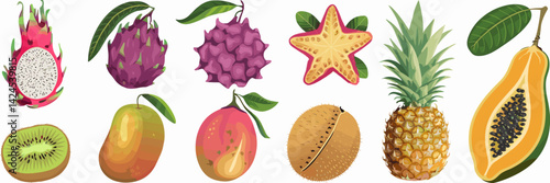 Vector sheet of exotic fruits including dragon fruit, passion fruit, star fruit, lychee, mango, pineapple, kiwi, and papaya – Perfect for tropical fruit marketing, healthy eating, or food branding.
