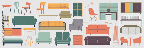Vector illustration of a sheet filled with furniture items – Ideal for furniture design presentations, home makeover blogs, or interior decor guides.