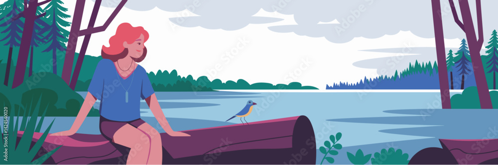 Vector illustration of woman with red hair sitting on a log with a bird Vector illustration of woman with red hair sitting on a log with a bird