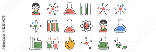 Vector icon sheet of chemistry elements, featuring beakers, test tubes, and molecules – Ideal for chemistry education, science-themed projects, or lab illustrations.