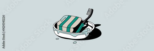 Vector illustration of soap dish with beige soap, black toothbrush, and water droplets on grey background