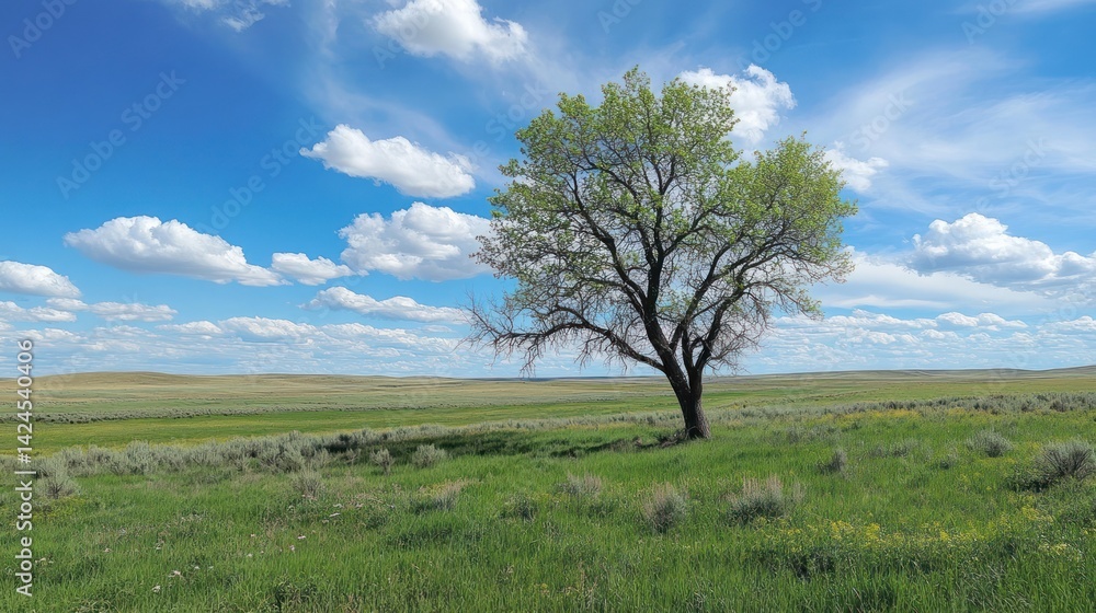 Obraz premium Lone tree on prairie under a blue sky