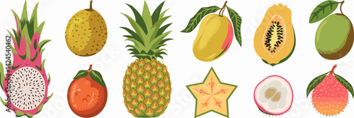 Vector sheet icons of tropical fruits from passion fruit to pineapple and papaya
