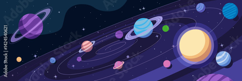 Vector illustration of a galaxy with unique planets and spiral stars