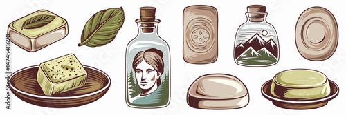 Vector sheet with soap illustrations, including green-leaf soap, woman face soap bottle, and mountain scene bottle