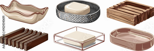 Vector sheet of soap dishes in different styles and materials, including ceramic, metal, wood, glass, and plastic – Ideal for home decor, personal care products, or bathroom accessories.