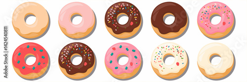Vector illustration of assorted donuts with different toppings and fillings – Suitable for sweet treat marketing, food branding, or dessert promotions.
