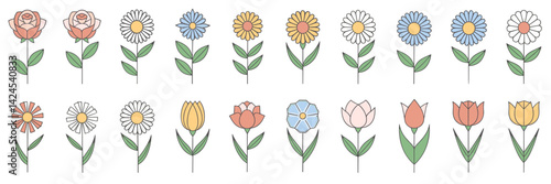 Vector illustration of a sheet with various flower icons, including roses, daisies, sunflowers, and tulips – Ideal for gardening, floral designs, or nature-related content.