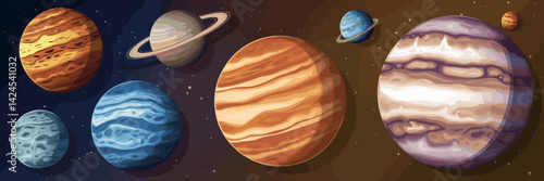 Vector sheet of planets with varying textures and colors in deep space