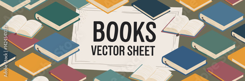 Vector sheet featuring the text “books vector sheet” surrounded by various books with different covers – Great for literary-themed promotions, book stores, or publishing-related content.