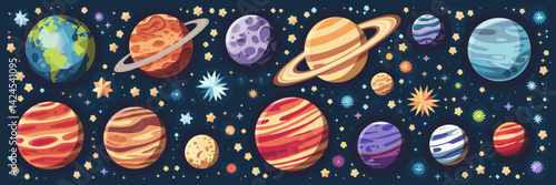 Vector sheet of planets and stars with different textures and a blue sky