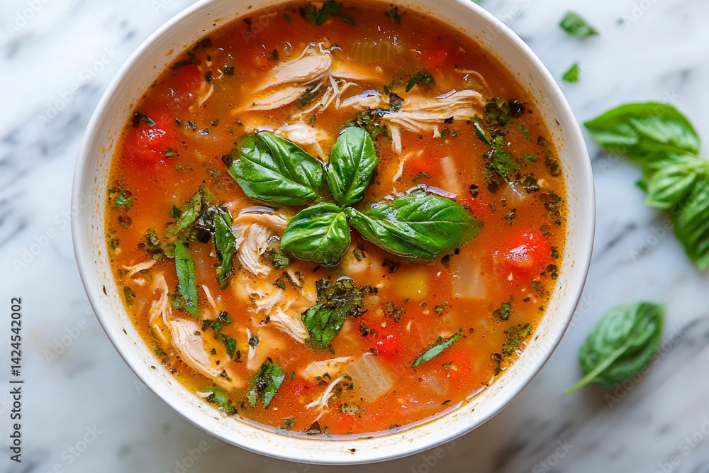 A comforting bowl of homemade soup featuring shredded chicken and vibrant vegetables. Fresh basil leaves add a fragrant touch to the dish, perfect for a cozy meal A comforting bowl of homemade soup featuring shredded chicken and vibrant vegetables. Fresh basil leaves add a fragrant touch to the dish, perfect for a cozy meal