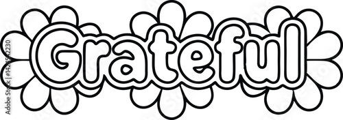 Grateful Word Surrounded by Flowers Outline Black and White Line Art on White