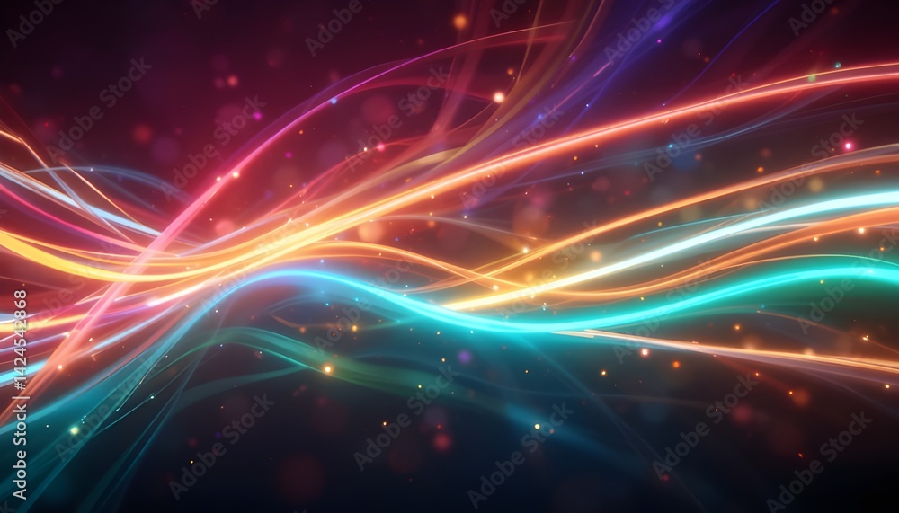 Naklejka premium Colorful Light Waves and Neon Trails on Dark Background with Glowing Particles - Abstract Digital Art for Technology, Data Visualization or Music Concept